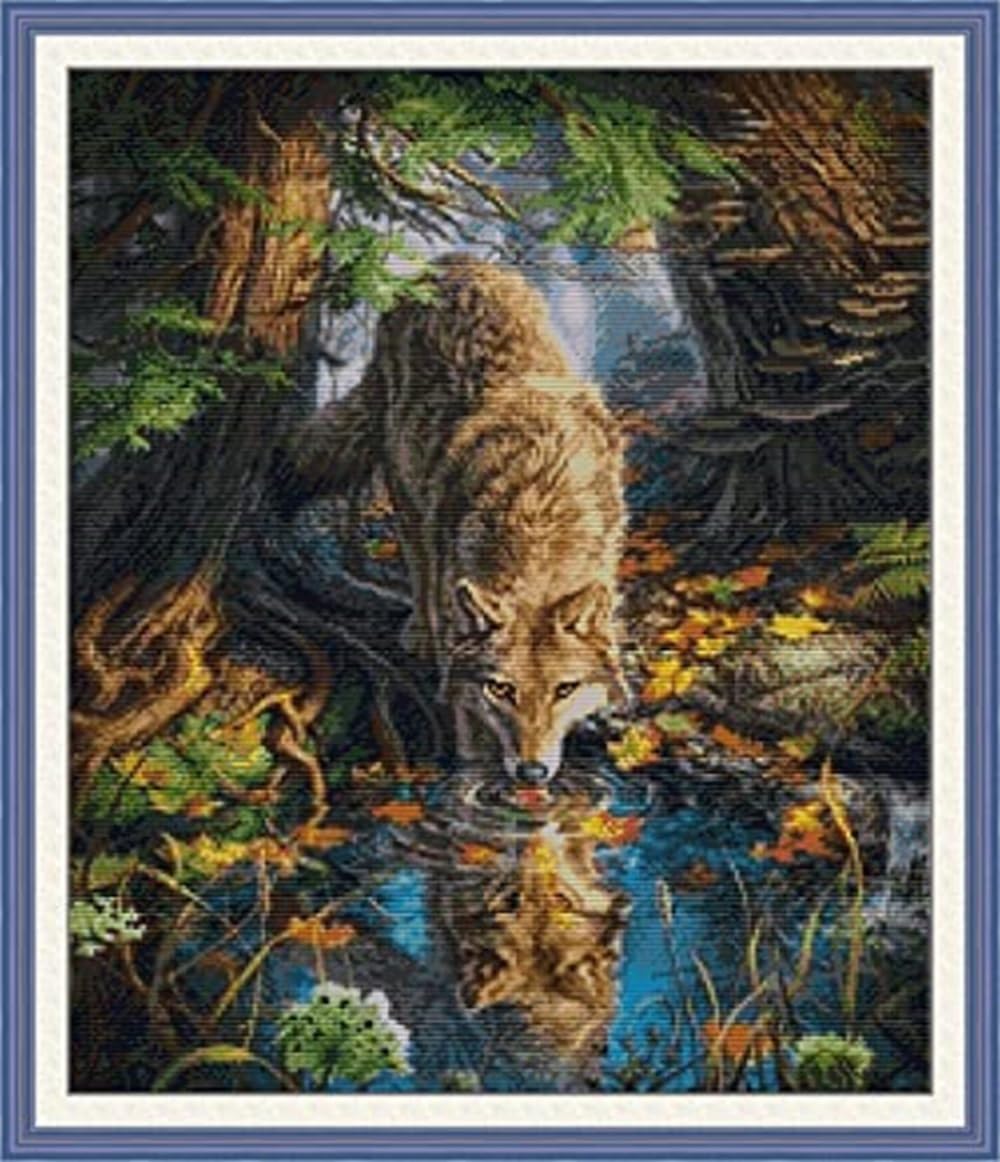 Rosyfoxes Cross Stitch Kits Stamped Full Range of Embroidery Starter Kits for Beginners DIY 14CT 2 Strands - Printed kit Wolf (Printed) 18.5×21.7 inches