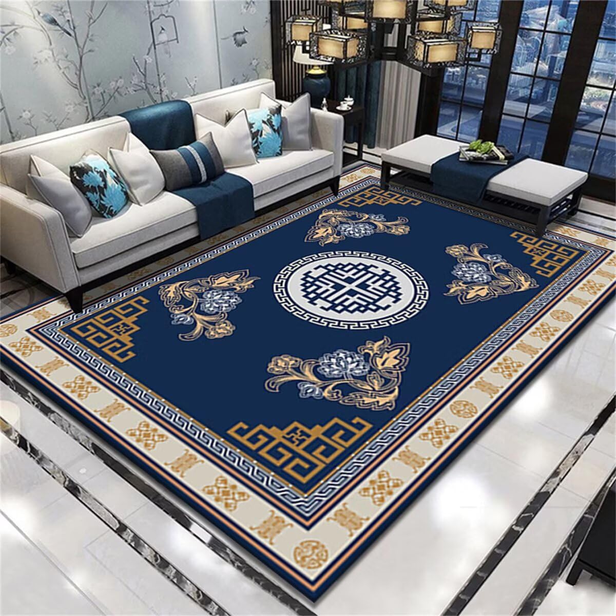 Tapis de salle à manger bleu rétro idéal pour le coin canapé enfant
