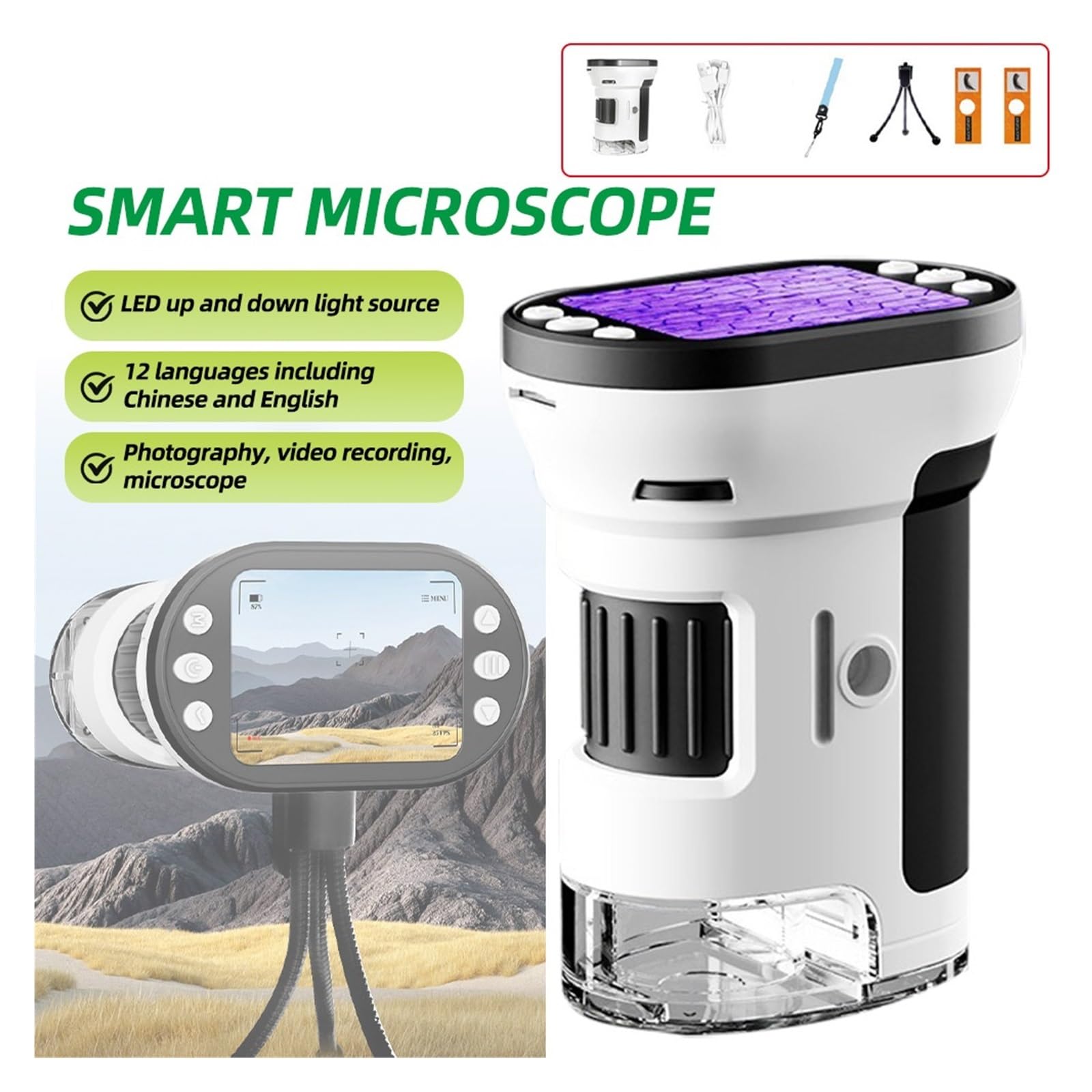 1000X Handheld Microscope for Kids 4K 2.0" Screen Rechargeable Mini Digital Microscopes Magnifying Lenses Microscope Camera