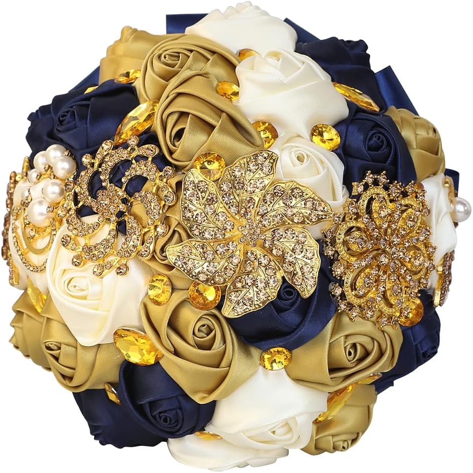 Sharebeauty 7.1 Inch Handmade Satin Rose Bridal Bouquet Toss Round Wedding Bouquet Throw Toss Artificial Flower Bunch Pale Gold + Ivory + Navy