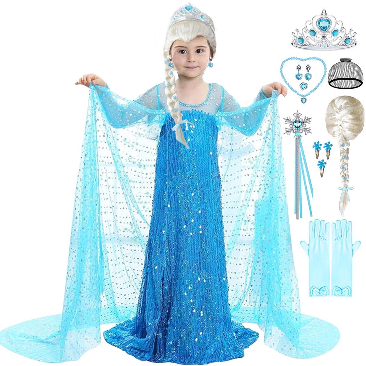 LiUiMiY Déguisement Cendrillon Princesse – Robe Bleue Avec Accessoires, Idéal Pour Halloween, Anniversaire, Carnaval, Noël – Filles De 3 à 10 Ans