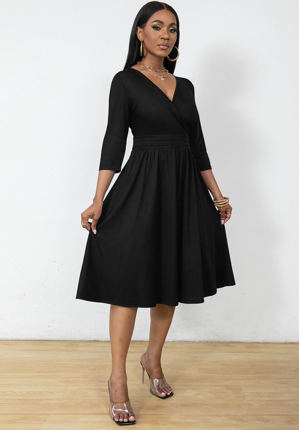 Nmoder Wrap Dress Cocktail Casual Dresses for Women Wedding Guest Fit and Flare V Neck 3/4 Sleeve Midi Dress with Pockets Black - Image 3