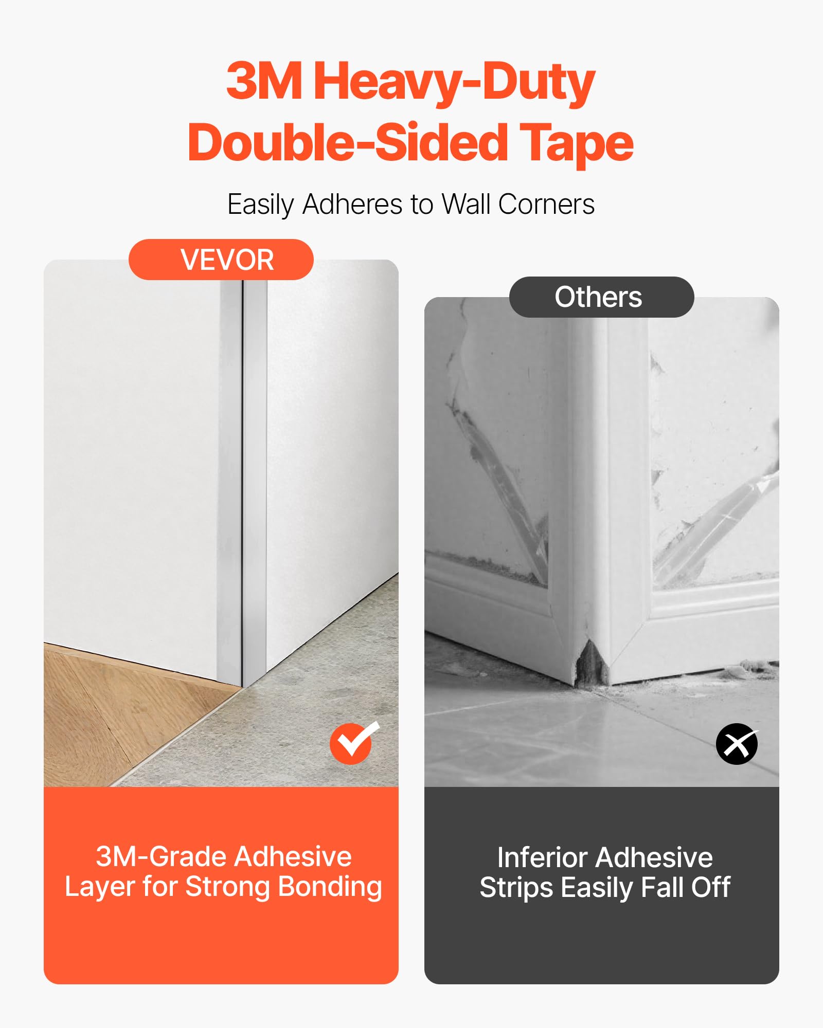 VEVOR Protector de Esquinas de Pared de Acero Inoxidable, 38 x 38 x 2436 mm, Borde de Acero Inoxidable 304 en Ángulo de 90 Grados para el Hogar, la Oficina, con Cinta Adhesiva de 3 m, 10 uds