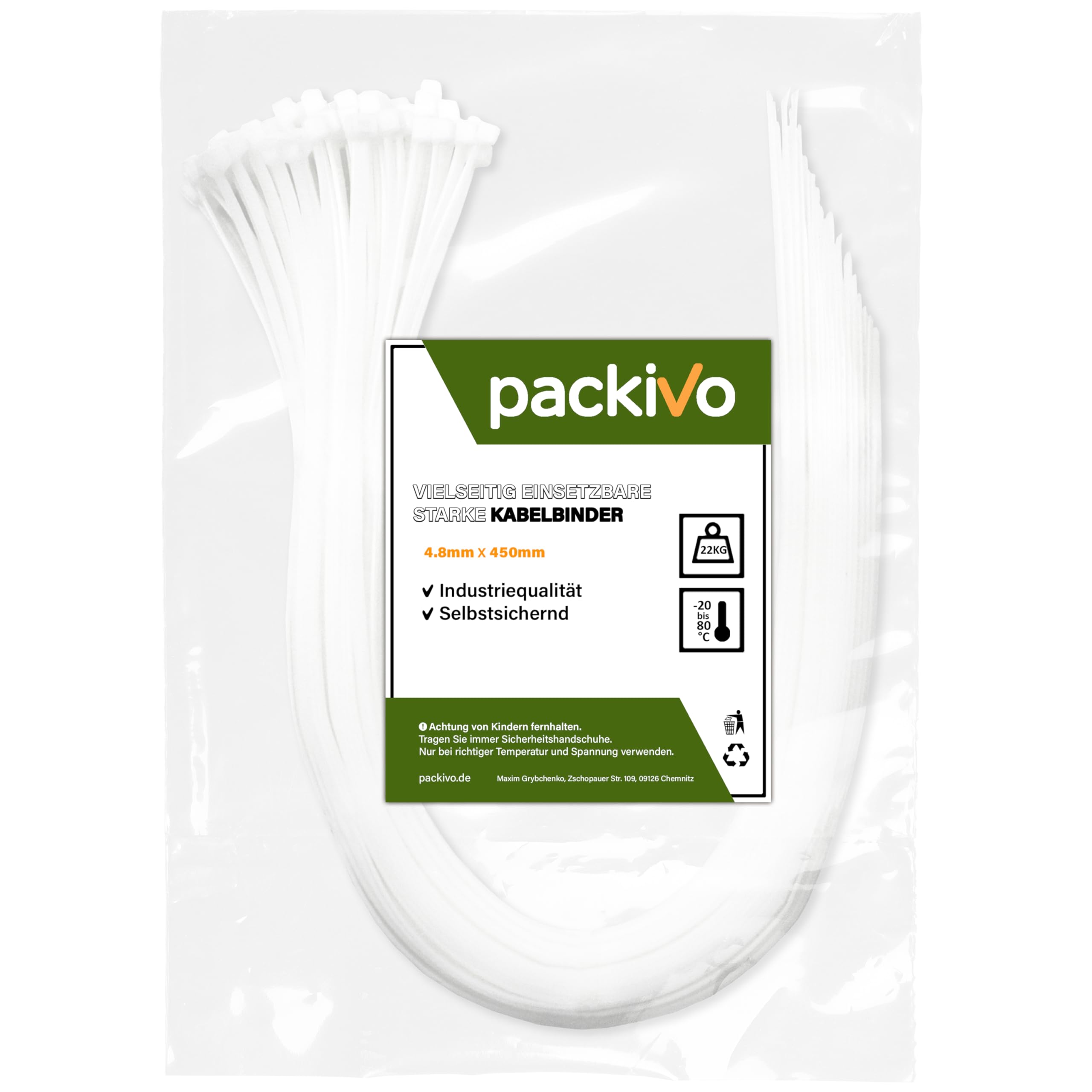 PACKIVO Professional Cable Ties 4.8 x 450 mm, Pack of 100 White Cable Ties, Industrial Quality, Tensile Strength up to 22 kg, Super Durable Cable Management, Industrial, Workshops, Garden, Fixing