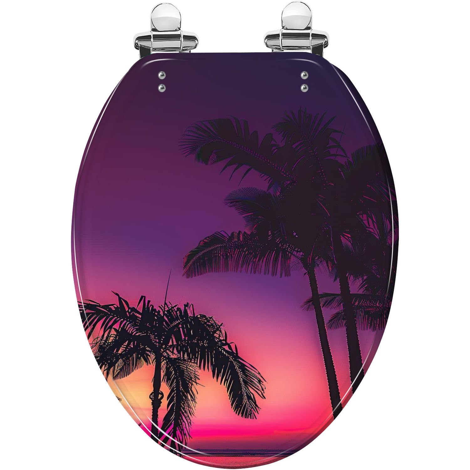 Elongated Toilet Seat Tropical Summer Night Background With Palm Trees Sunset Resin Toilet Seat Slow Quiet Close with Quick-Release Hinges Toilet Seat with Cover Easy to Clean Install