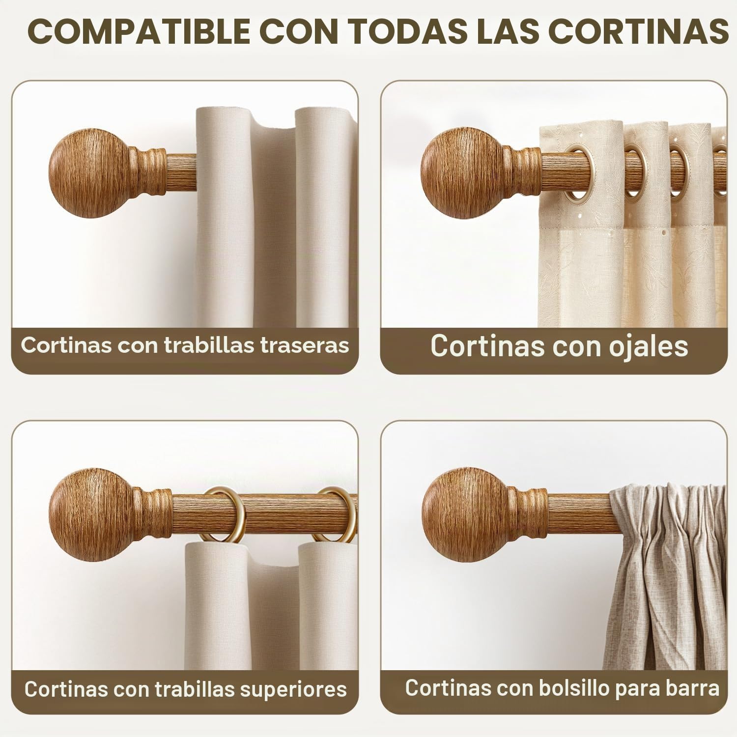 Barra De Cortinas Extensible Con Aspecto Madera,Longitud 82-292 Cm | Estilo RúStico,InstalacióN Mural,DiáMetro 25 Mm,Capacidad De Carga 15 Kg,Apta Para Interiores Dormitorio y SalóN