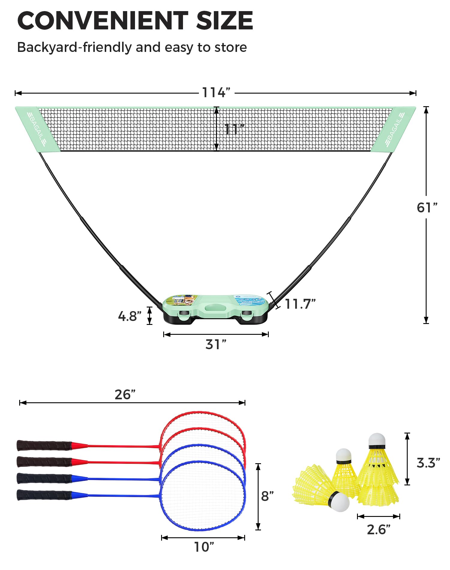 BAGAIL Ensemble de Filet de Badminton Portable - Sac de Rangement - Base Autonome - Installation Rapide - Filet de Badminton avec 4 Raquettes, 4 Volants pour Les Jeux en intérieur et en extérieur