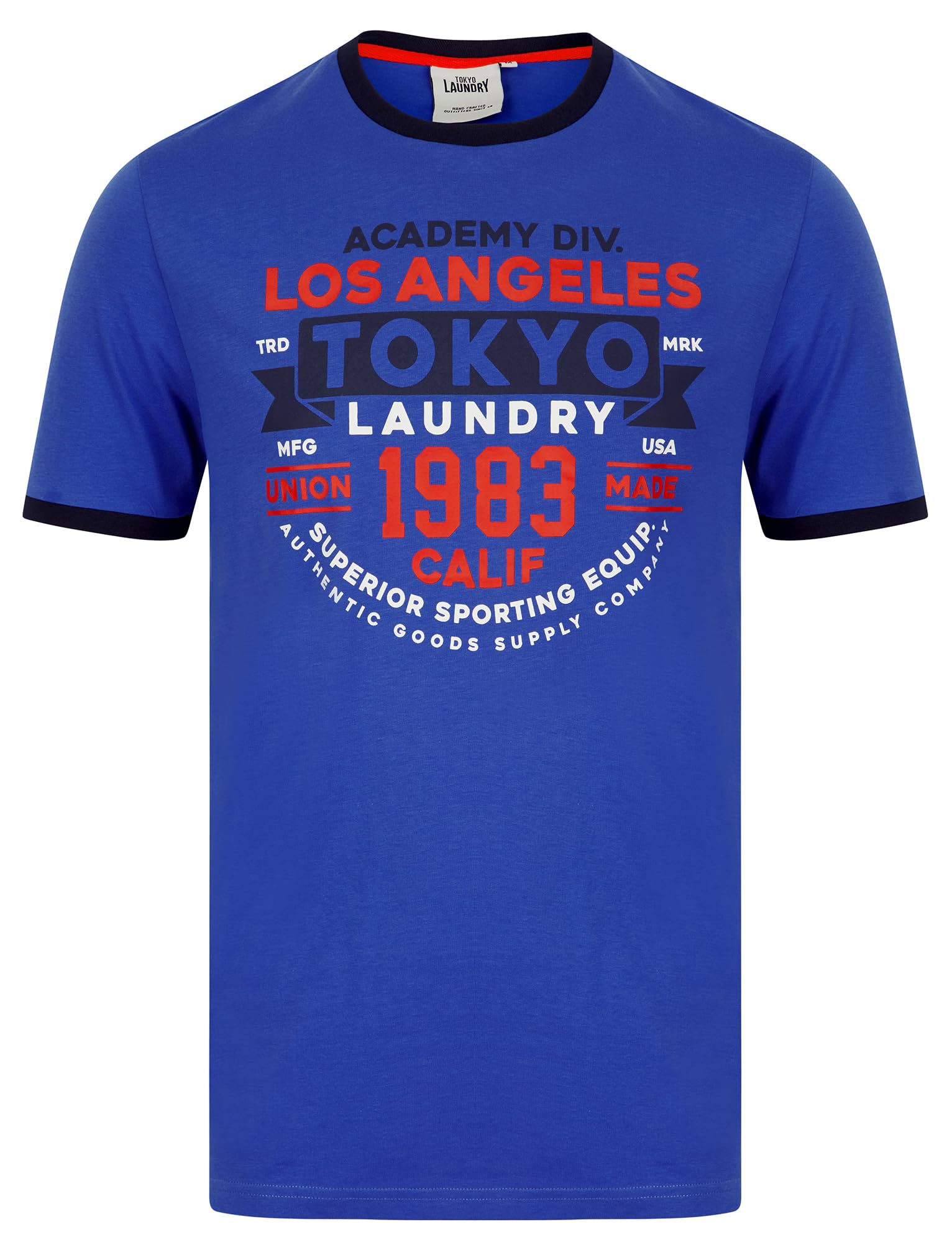 Tokyo Laundry Men's Dazzling Blue Vintage Retro Motif Jersey Grindle Crew-Neck Ringer T-Shirt
