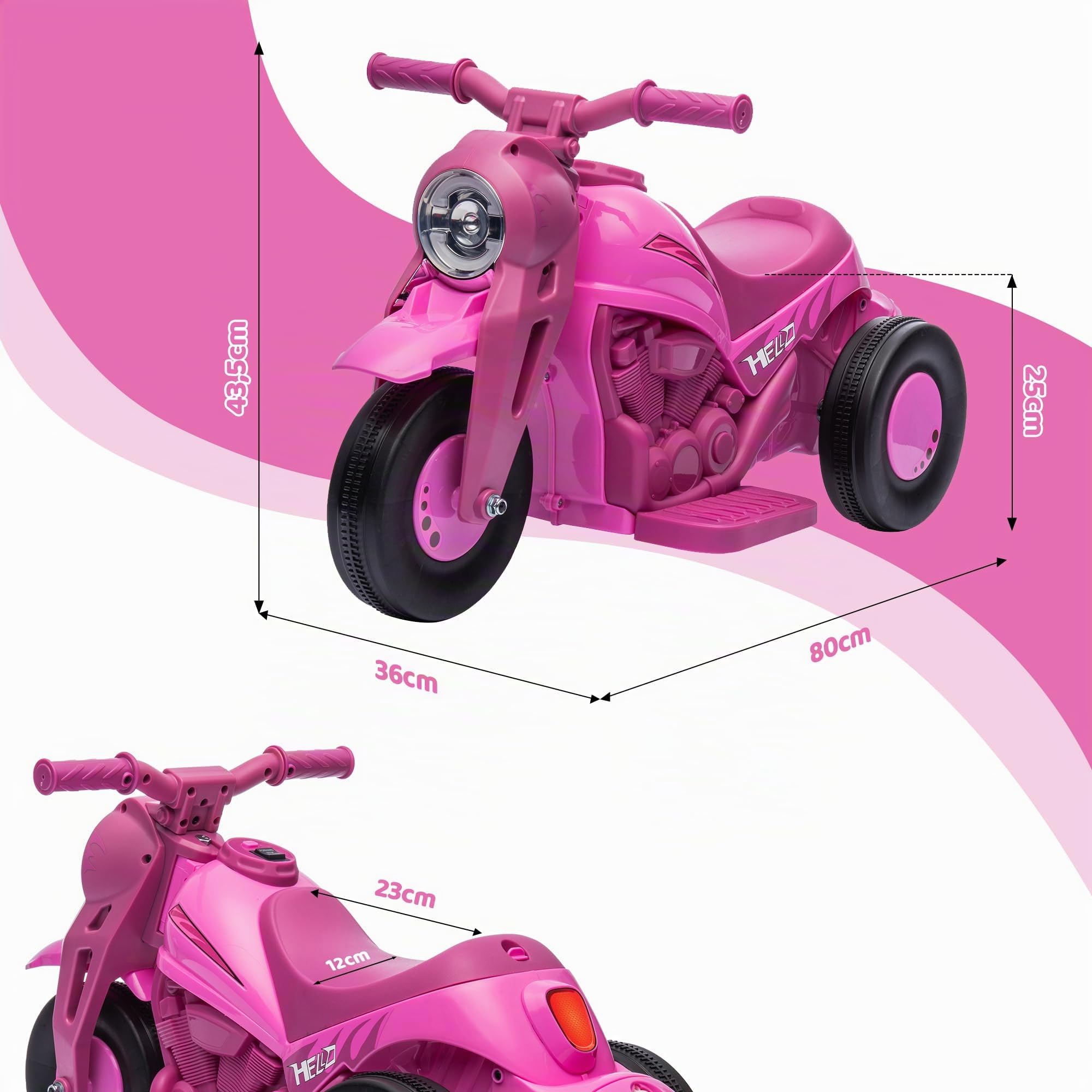 AIYAPLAY Moto Eléctrica Niños 3 Ruedas 6V 3km/h 2-5 Años Rosa | Coche Eléctrico Niños, Efectos Luminosos y Sonidos, Función Burbujas, Carga Máx. 30 kg
