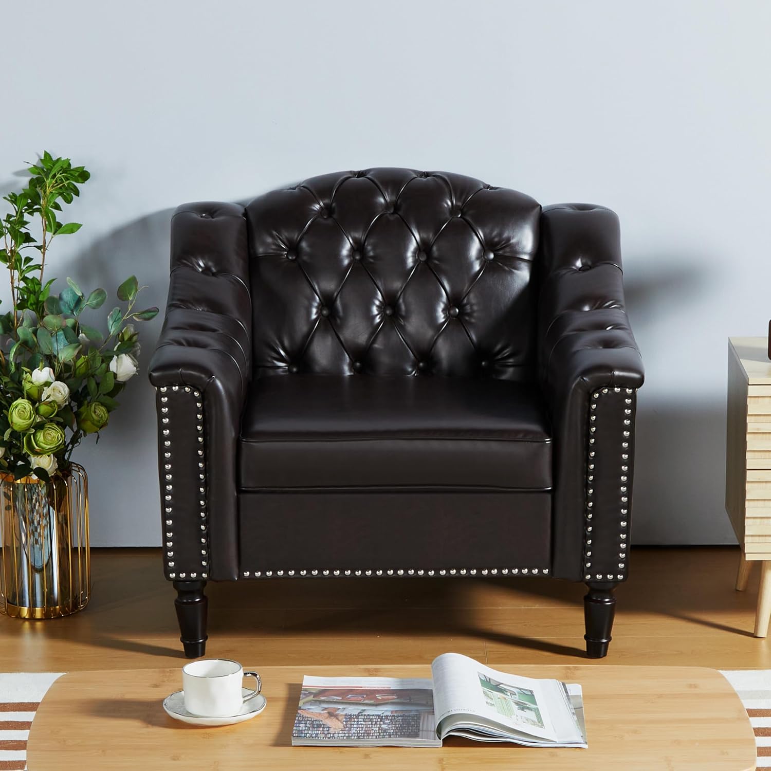 AVZEAR Chesterfield Sofa Chair, Mid-Century Modern Armchair, PU Fabric Single Sofa Chair with Nailhead Trim and Button Tufted for Living Room, Office, Bedroom, Brown