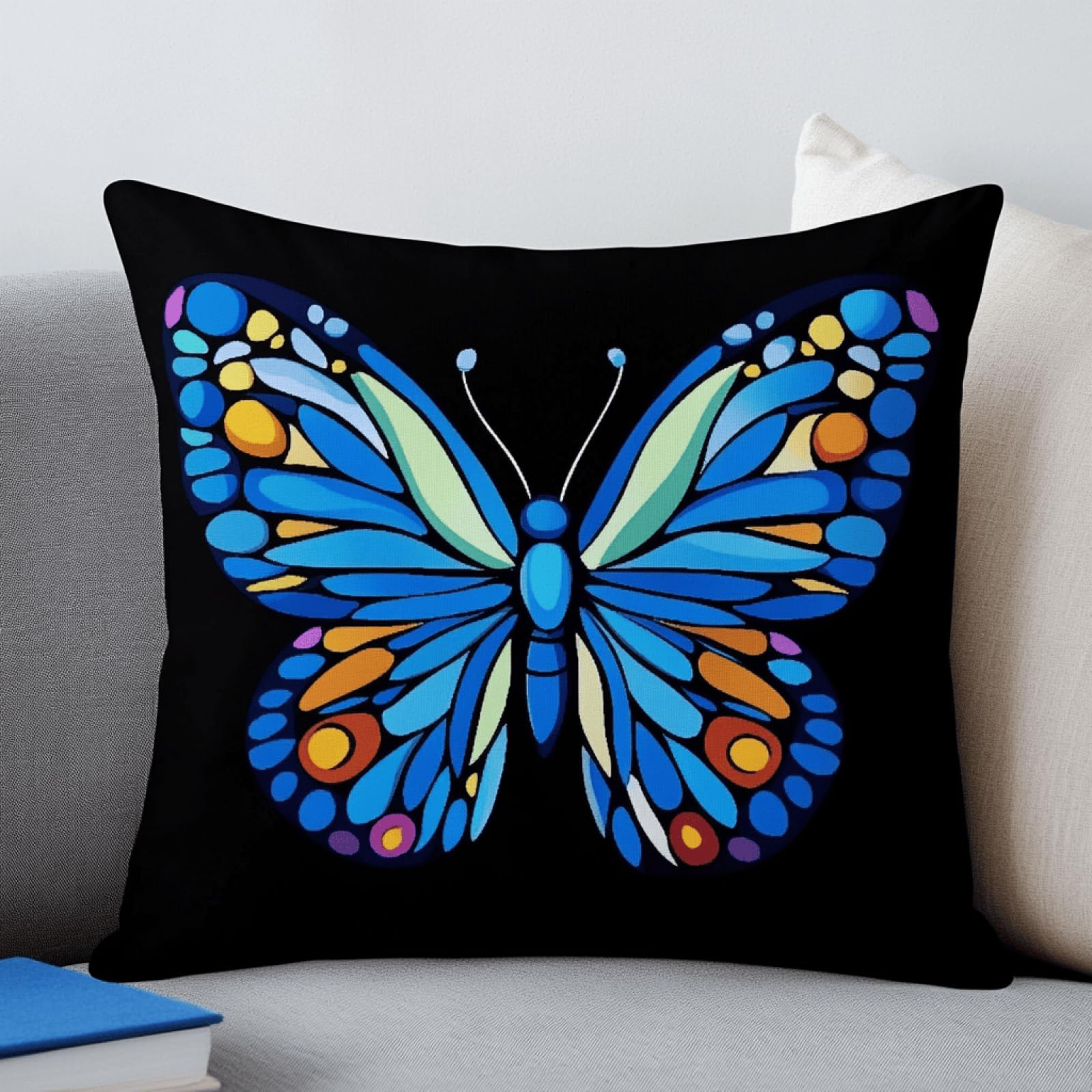 XDEGHUANGSS DIY Latch Hook Kit for Beginners & Adults,Blue Butterfly,3D Pillow Materials Package with Tool,Sofa Cushion Cover,Cross Stitch Embroidery,17x17 Inch (43x43 cm)
