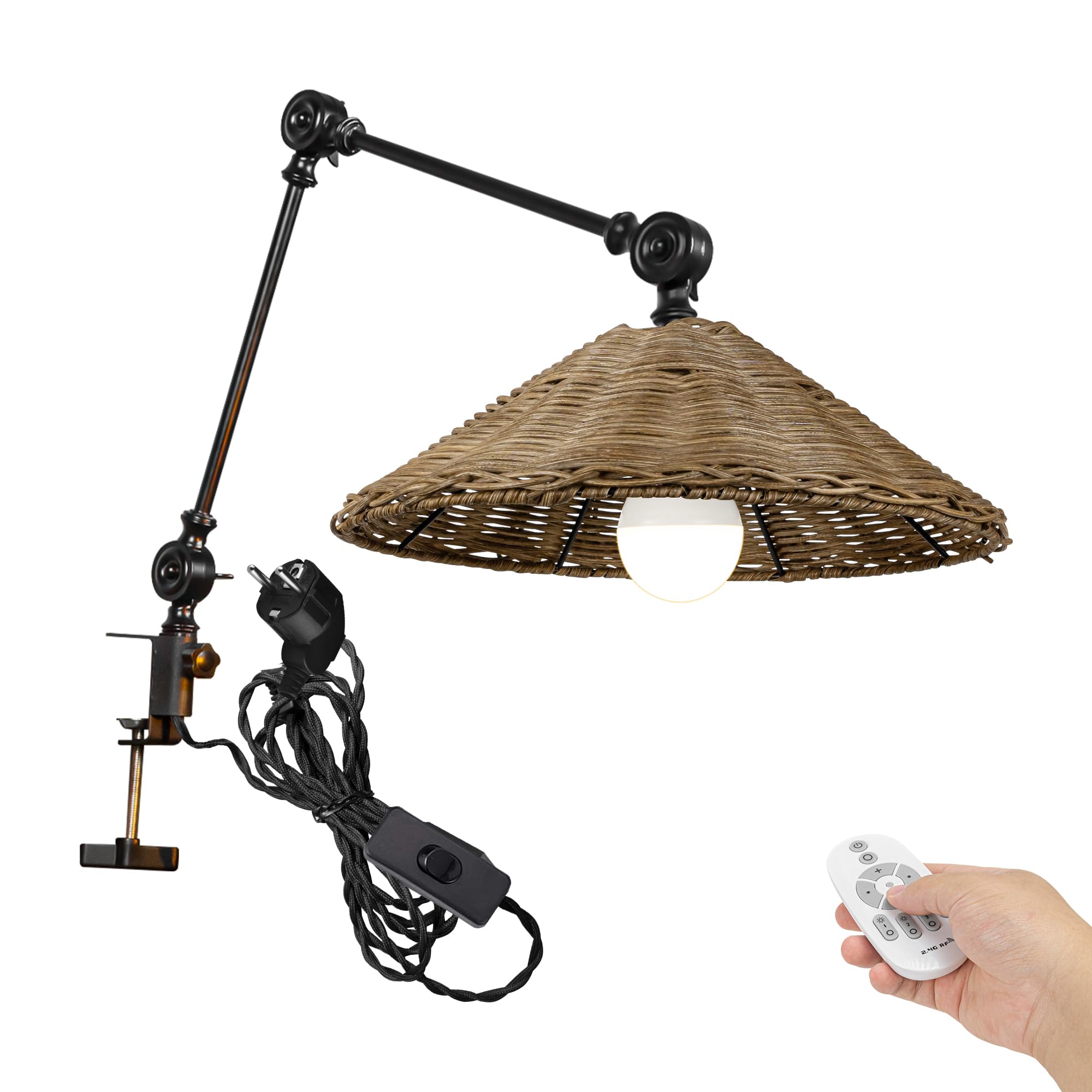 Lampada a pinza industriale con cavo 2,5 interruttori, telecomando, regolabile, clip da scrivania, lampada da lettura, dimmerabile, lampada da notte con braccio flessibile per scrivania