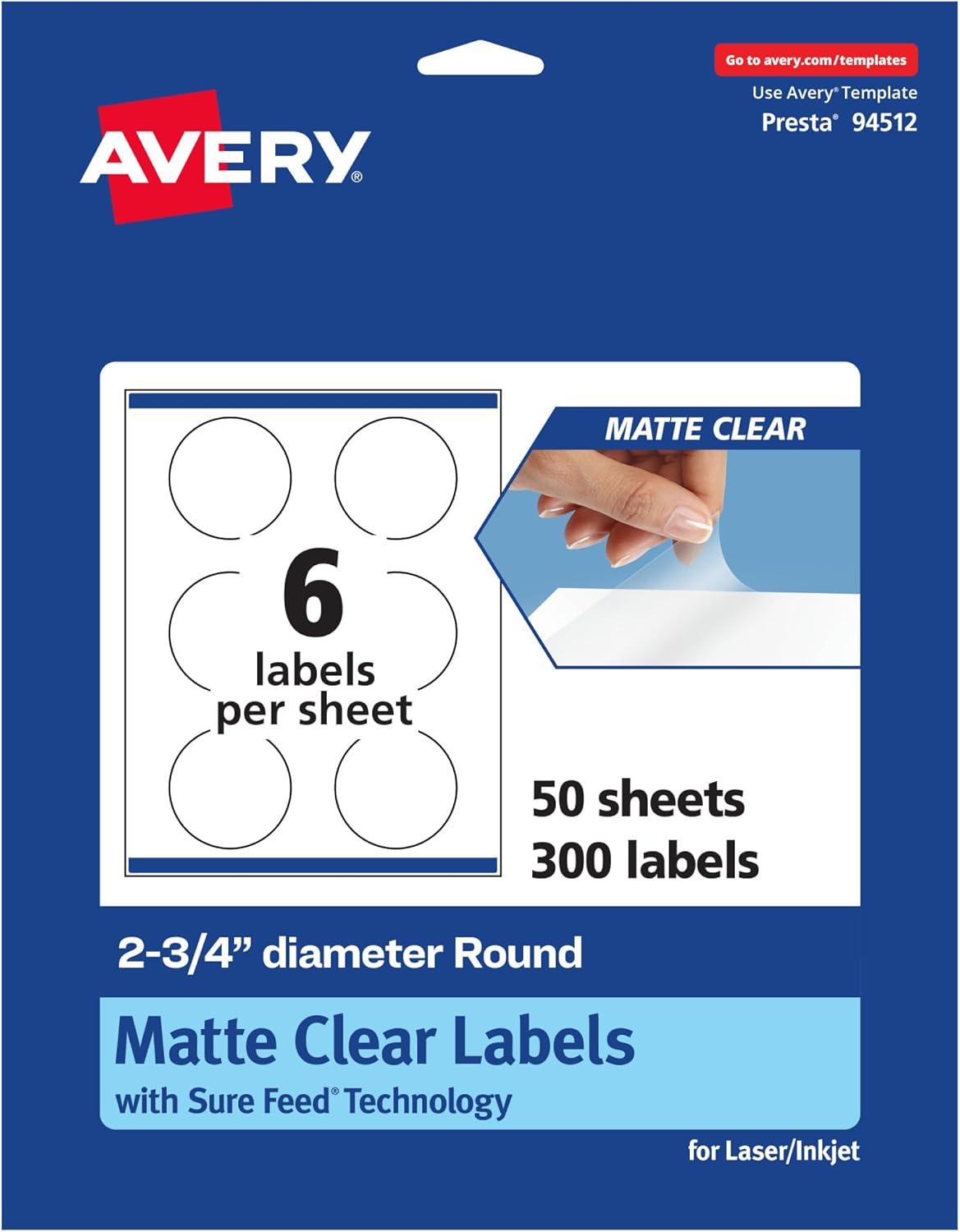 Avery Matte Clear Round Labels, Sure Feed Technology, 2.75" Diameter, 150 Matte Clear Labels, Print-to-The-Edge, Laser/Inkjet Printable