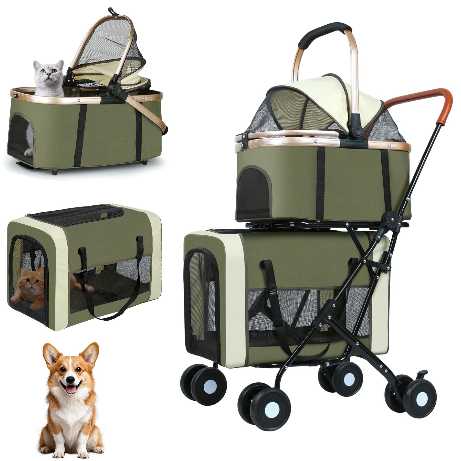 Double Pet Stroller for Dogs and Cats: Dog Stroller Foldable Travel Carriage with Detachable Carriers, Safety Belts, and 4 Lockable Wheels for Small to Medium Pets – Ideal for Multi-Pet Homes (