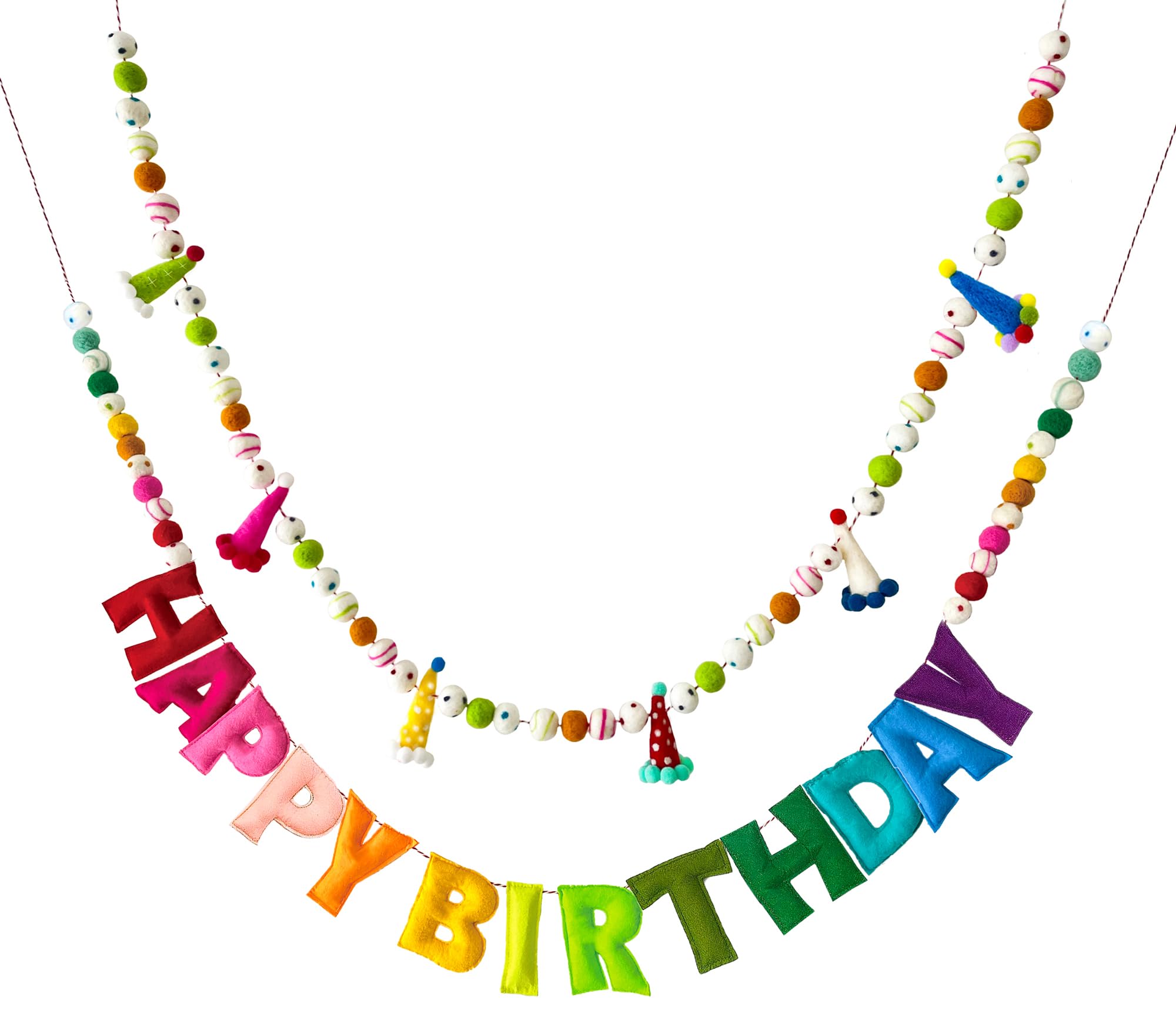 2PCS Pre-Strung Reusable Happy Birthday Banner with Wool Balls, Rainbow Party Decorations, HAPPY BIRTHDAY Felt Hat Garland, Personalized Holiday Sign for Birthday Decor, Party Decor, Photo Prop