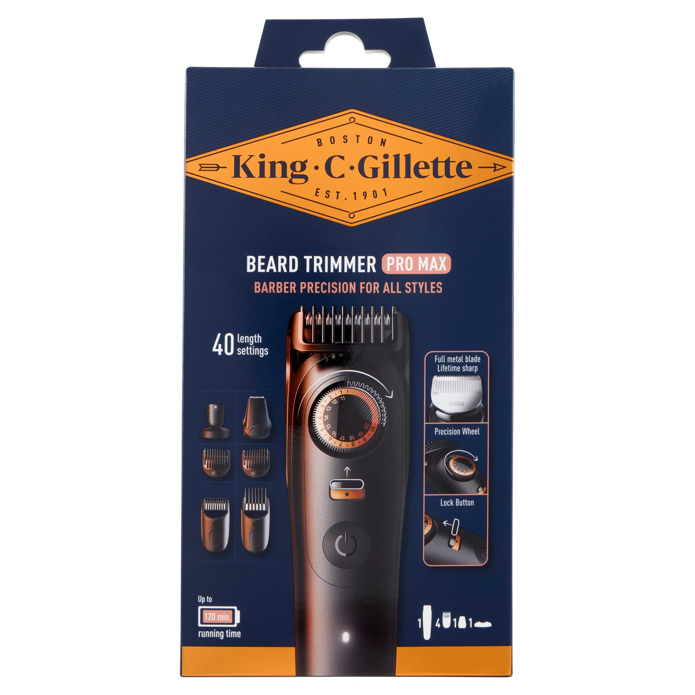 King C Gillette Pro Max trymer do brody dla mężczyzn, bezprzewodowy trymer do brody z 40 ustawieniami długości i style-Lock — w zestawie 1 szczotka do czyszczenia, 4 wymienne nasadki grzebieniowe i 1