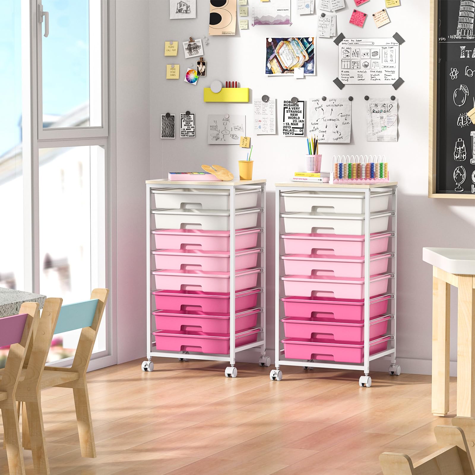 SYKIARIOL Carrito de almacenamiento de 8 cajones con ruedas bloqueables, rosa | Ruedas bloqueables, cajones de plástico, multiusos, para escuela, dormitorio, sala de manualidades, sala de estar