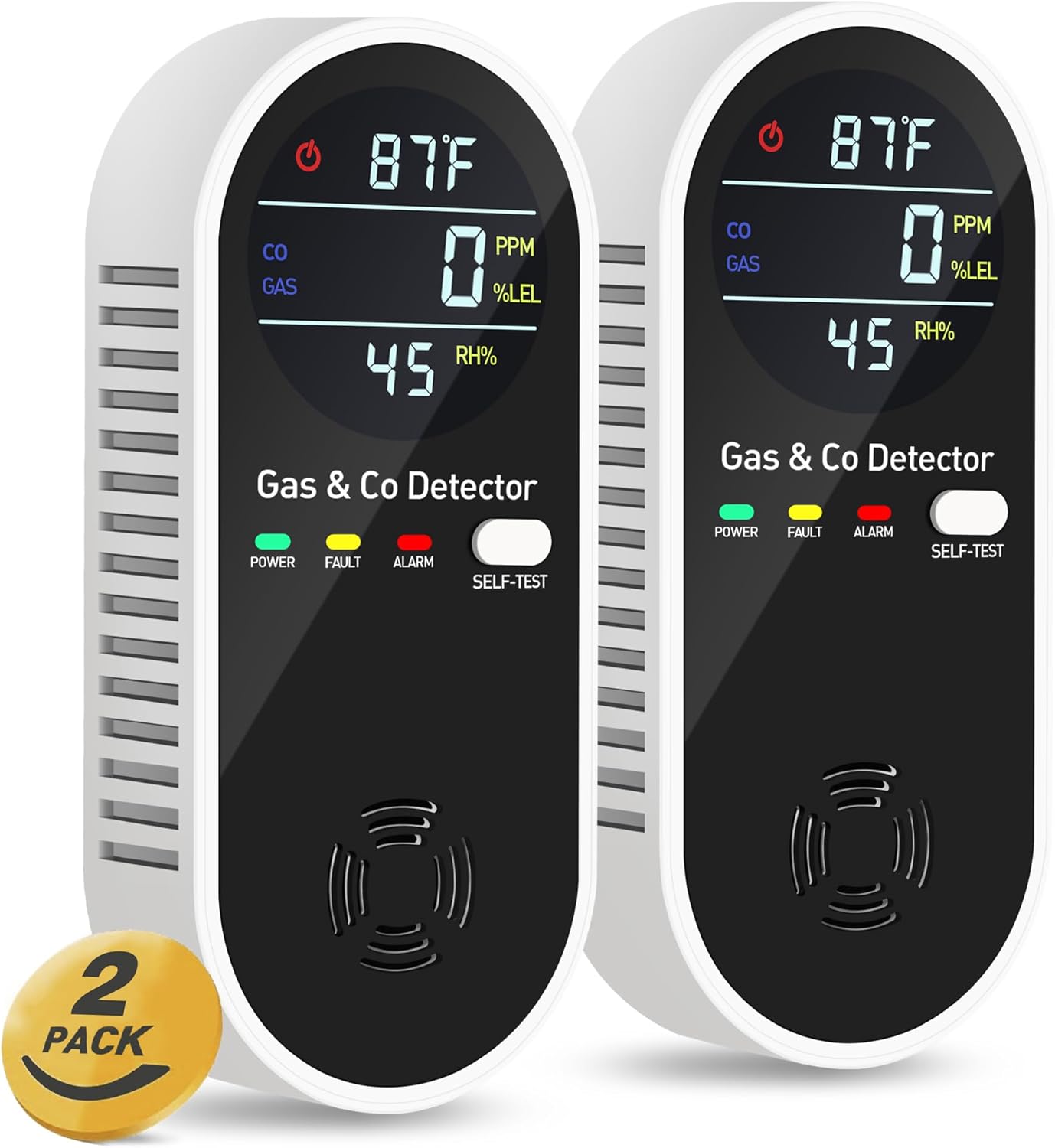 4-in-1 Portable Carbon Monoxide Detectors Plug in  Natural Gas Leak Detector, Methane & CO Alarm with Dual Sensor, Temperature & Humidity Display for Home, RV, Travel, 2 Packs