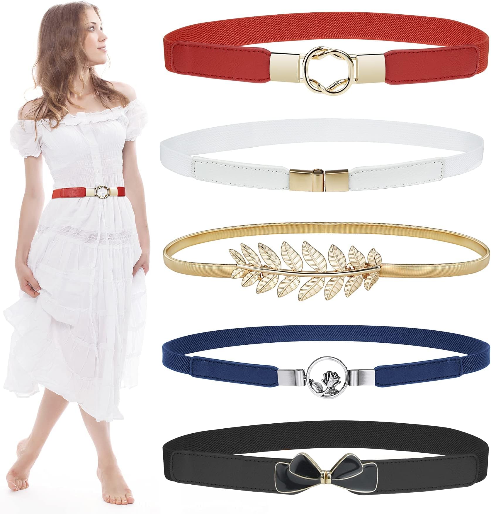THE WHITE SHOP5 Pack Women Skinny Belts for Dresses, Fashion Dress Belts Stretch Women Waist Belts Ladies Waist Belt Plus Size Elastic Waist Band for Dresses