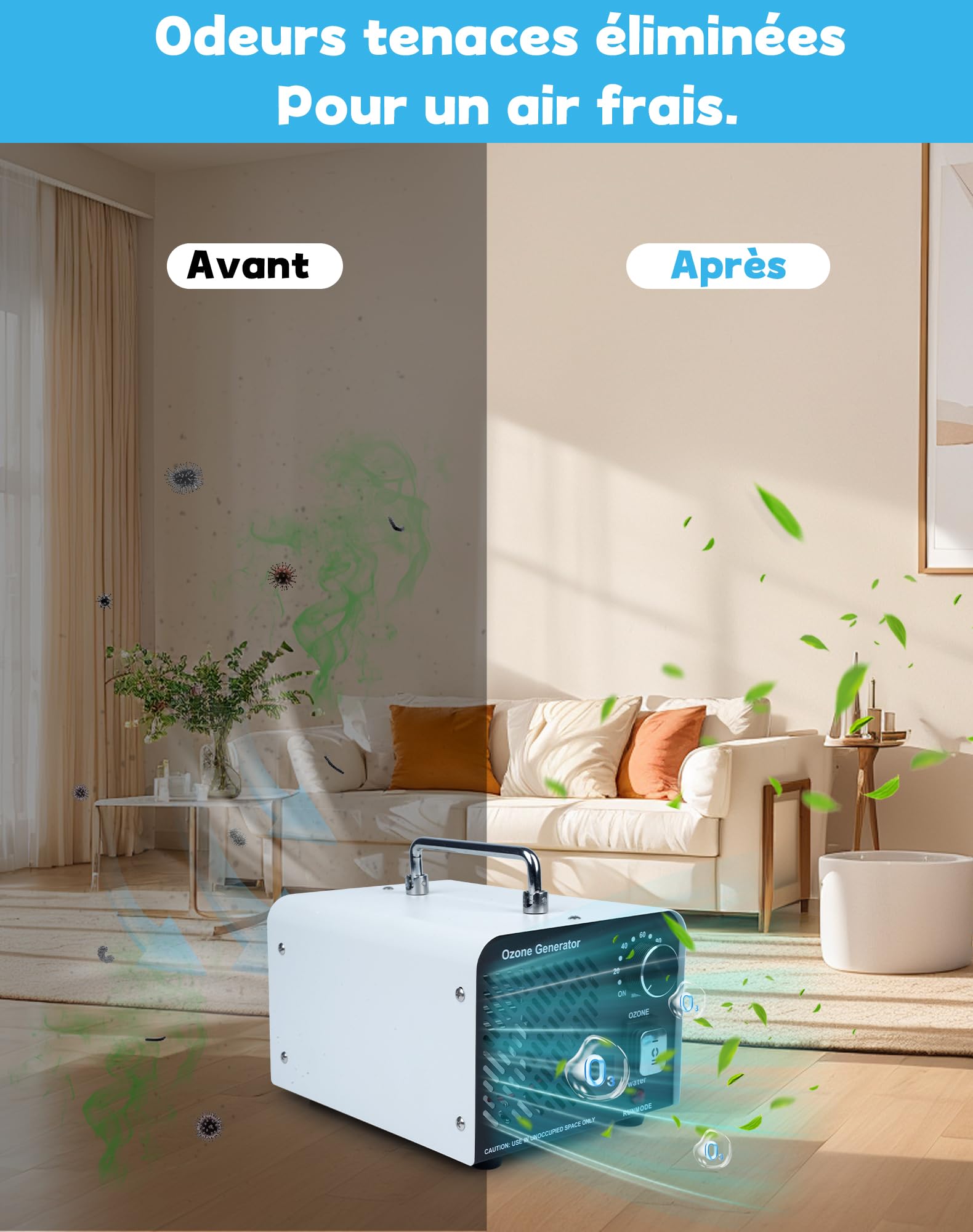 2IN1 Générateur d'Ozone 60 000 mg/h Purificateur d'ozone avec mode eau et air O3 Generateur Ozone pour Éliminer les Odeurs Ozonateur 150W Purificateur d'air à l'ozone pour maison et voiture Animaux