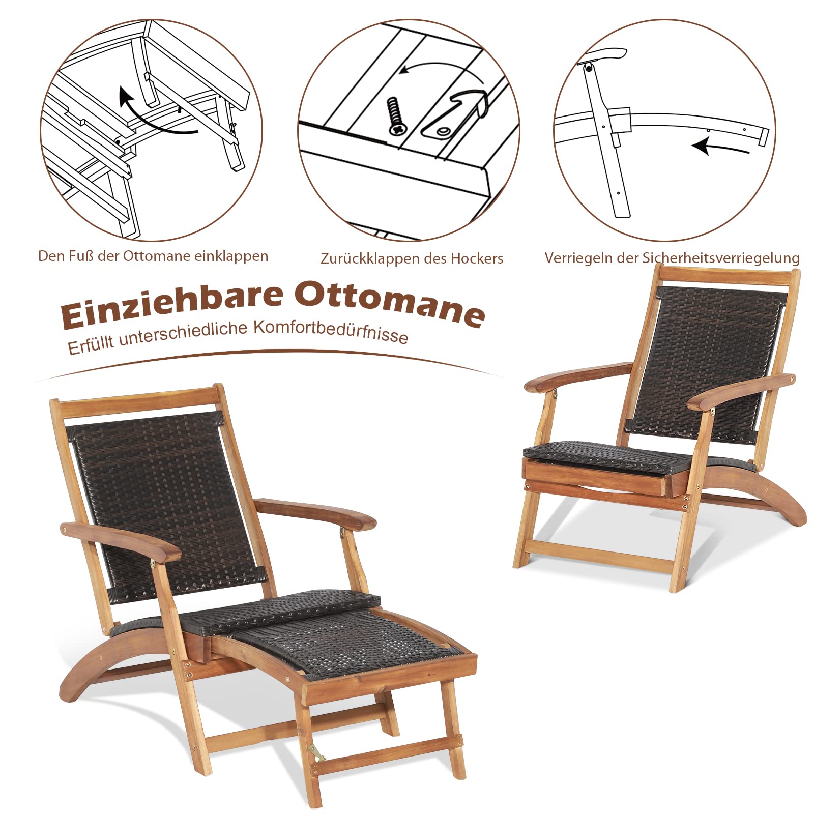 COSTWAY Sonnenliege klappbar, Gartenliege mit Klapptisch & ausziehbarer Fußteil, wetterfester Liegestuhl aus Polyrattan und Akazienholz, Relaxliege bis 160 kg belastbar, für Balkon, Garten, Terrasse