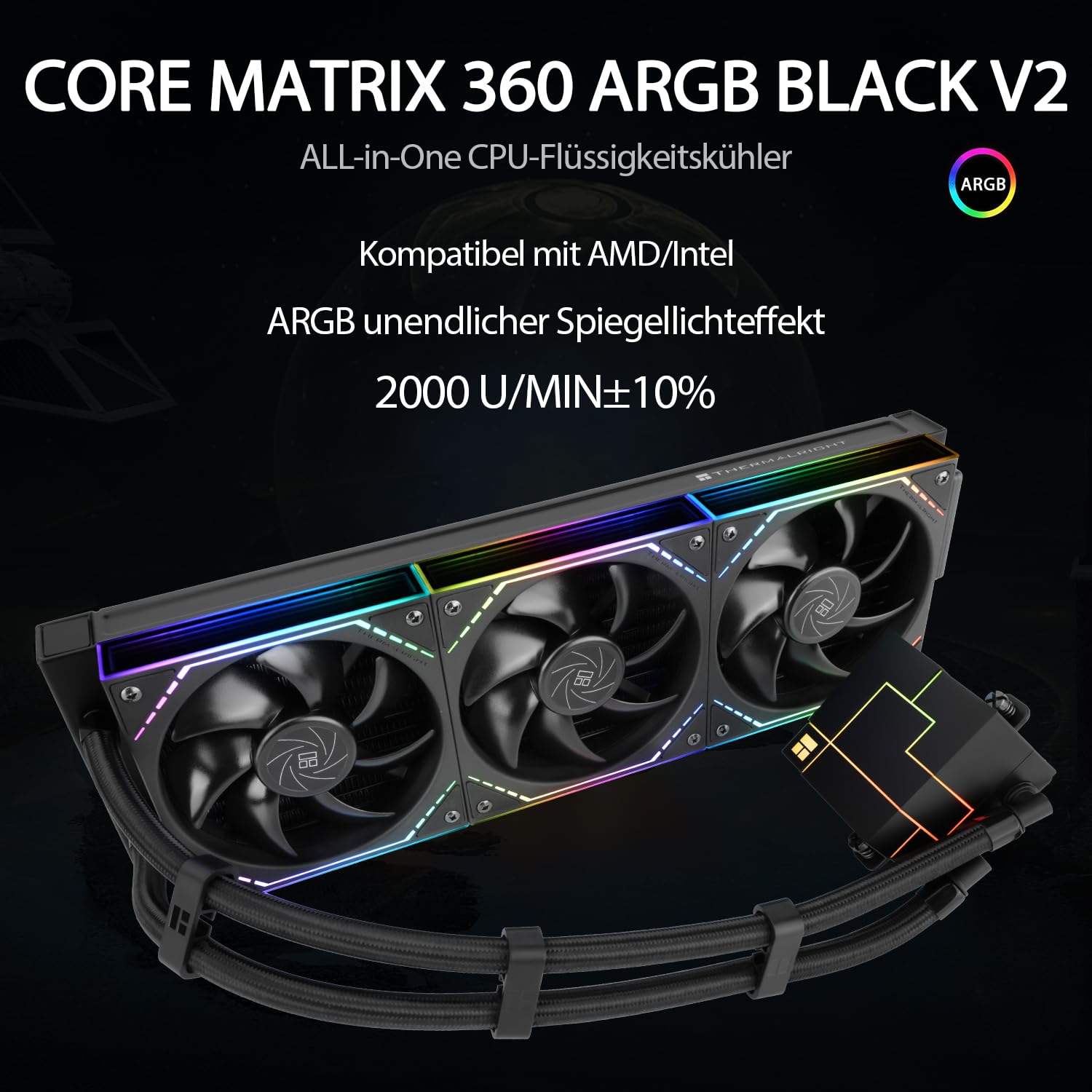 TR-Thermalright Core Matrix 360 ARGB Black V2 - Enfriador líquido para CPU, 360 mm, ventilador de conexión inalámbrica modular, 2000 rpm, para AM5, Intel LGA1851/1700/115x/1200