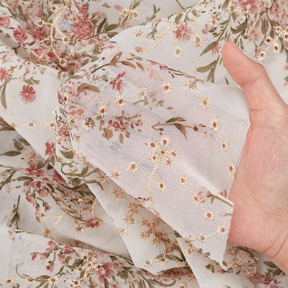 BENECREAT 2 Yards/1.8m Embroidered Eyelets Chiffon Fabric 60inch Rice White Flower Embroidery Fabric Floral Printing Trim for Sewing, DIY Clothing, Home Vintage Decor