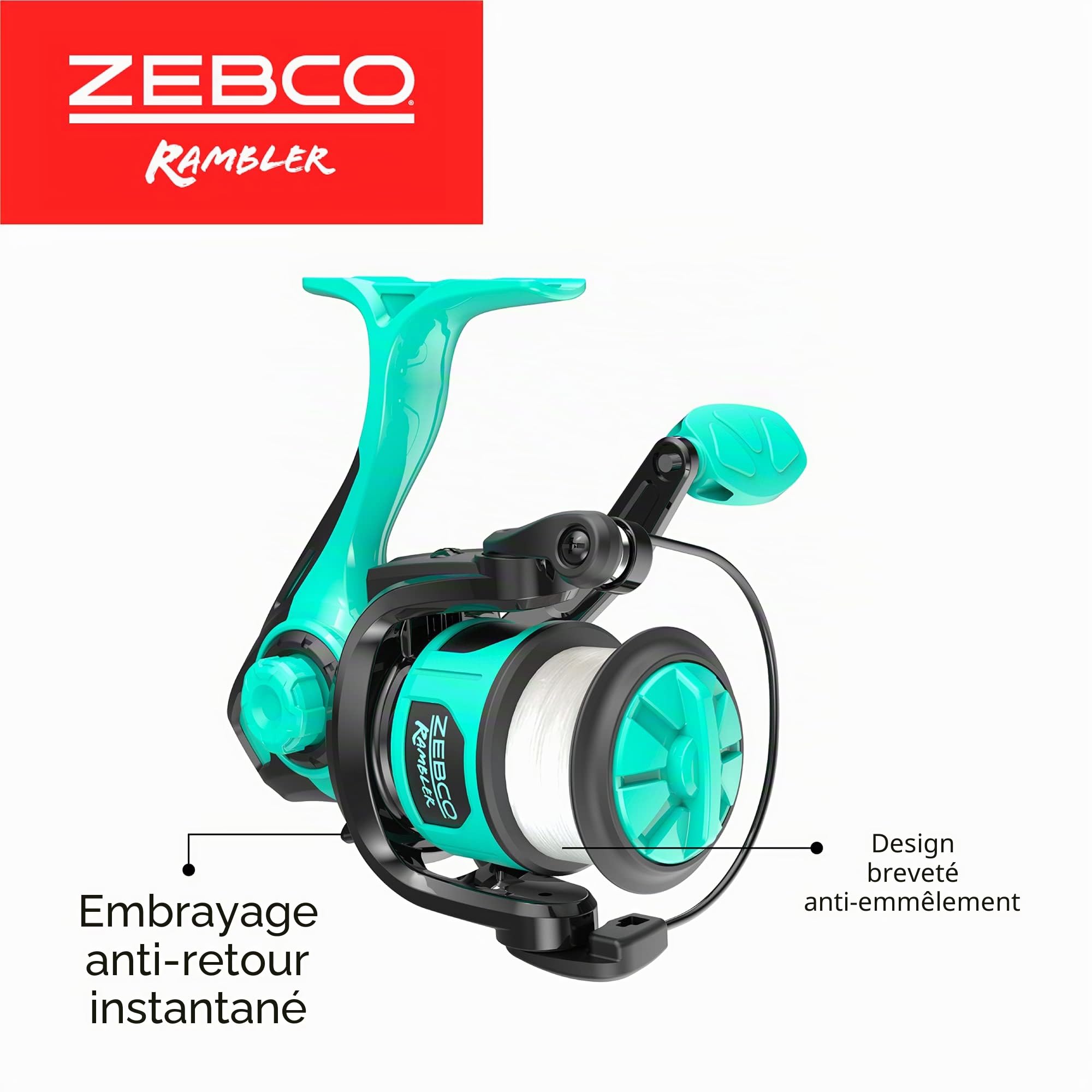 Zebco Rambler Ensemble Moulinet et Canne à pêche, Canne en Fibre de Verre Durable avec Mousqueton intégré, Moulinet breveté Anti-emmêlement, pré-enroulé avec Une Ligne de pêche Zebco 3,6 kg