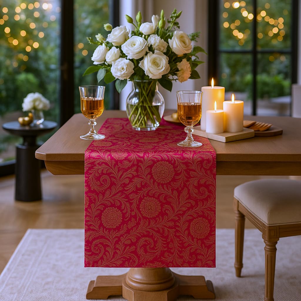 Luxury Indian Banarasi Brocade Silk Table Runner Pink & Gold Jacquard with Tassels 13x72 Inches|Perfect for 4-6 Seater Dining, Center, or Console Table |Festive Diwali Decor & Gift |WWW.THROWPILLOW.IN 1