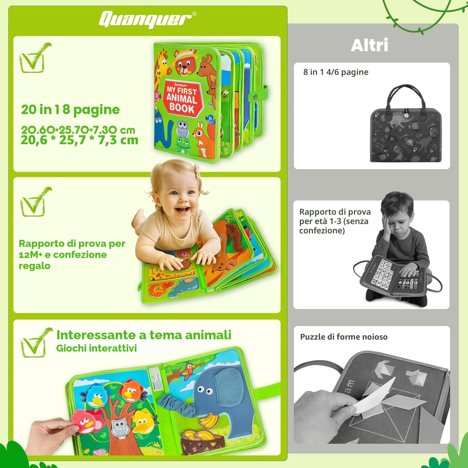 Quanquer Animal Busy Board Montessori Giocattoli per Neonati 1 2 3 Anni - Activity Book per Neonati Ragazzi Ragazze Regalo di Compleanno con Scatola Regalo - Aereo Auto Viaggio Quiet Book Giocattolo