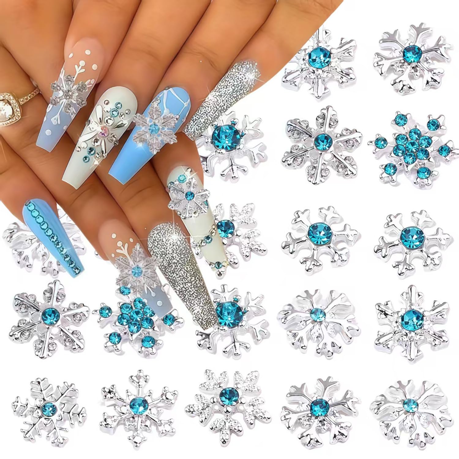 20 ciondoli per unghie a forma di fiocco di neve, argento lucido, blu, inverno, Natale, fiocco di neve, strass, design fiocchi di neve, ciondoli per unghie acriliche, unghie di Natale, gioielli per