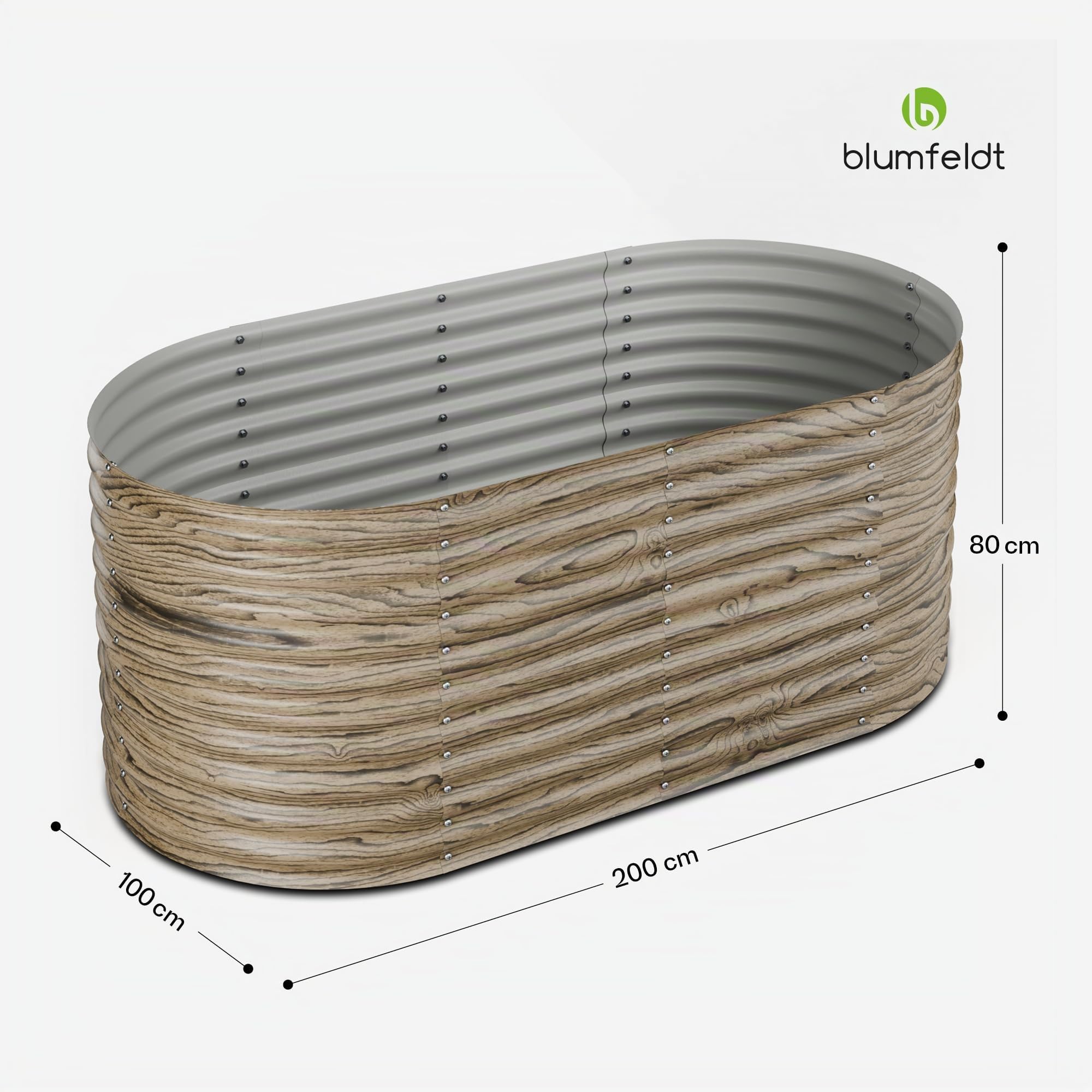 blumfeldt High Grow - Aiuola Rialzata da 1.169L, Fioriera Ovale in Acciaio Zincato Resistente alle Intemperie, Design Ergonomico & Facile Montaggio, Look Effetto Legno per Esterno