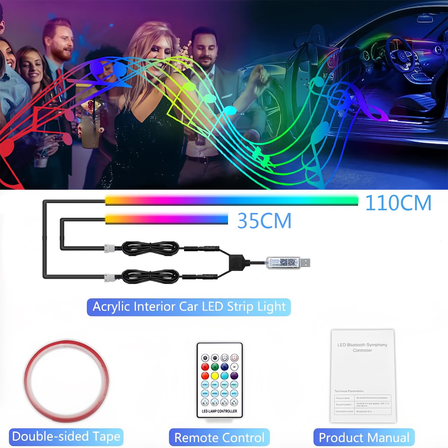 Luci Led Auto Interno, RGB Illuminazione Ambientale Auto Acrilica con 3 Metodi di Controllo Luci con Telecomando, App e USB, Neon Luce di Musica Striscia Auto110cm+35cm