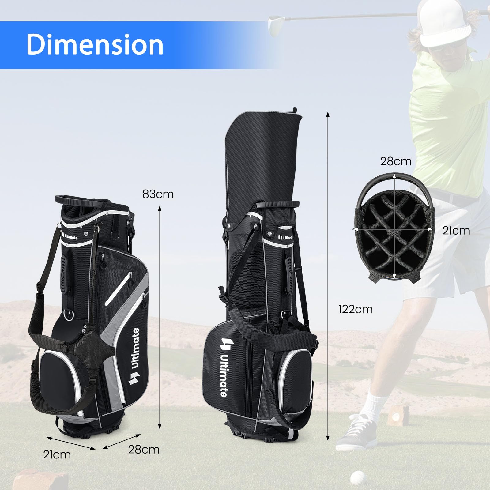 GOPLUS Sac de Golf avec Support à 14 Compartiments, Sac de Golf Trépied avec Double Bretelles, 6 Poches zippées, Sac Isotherme, Housse de Pluie, Sac de Golf Portable pour Hommes et Femmes