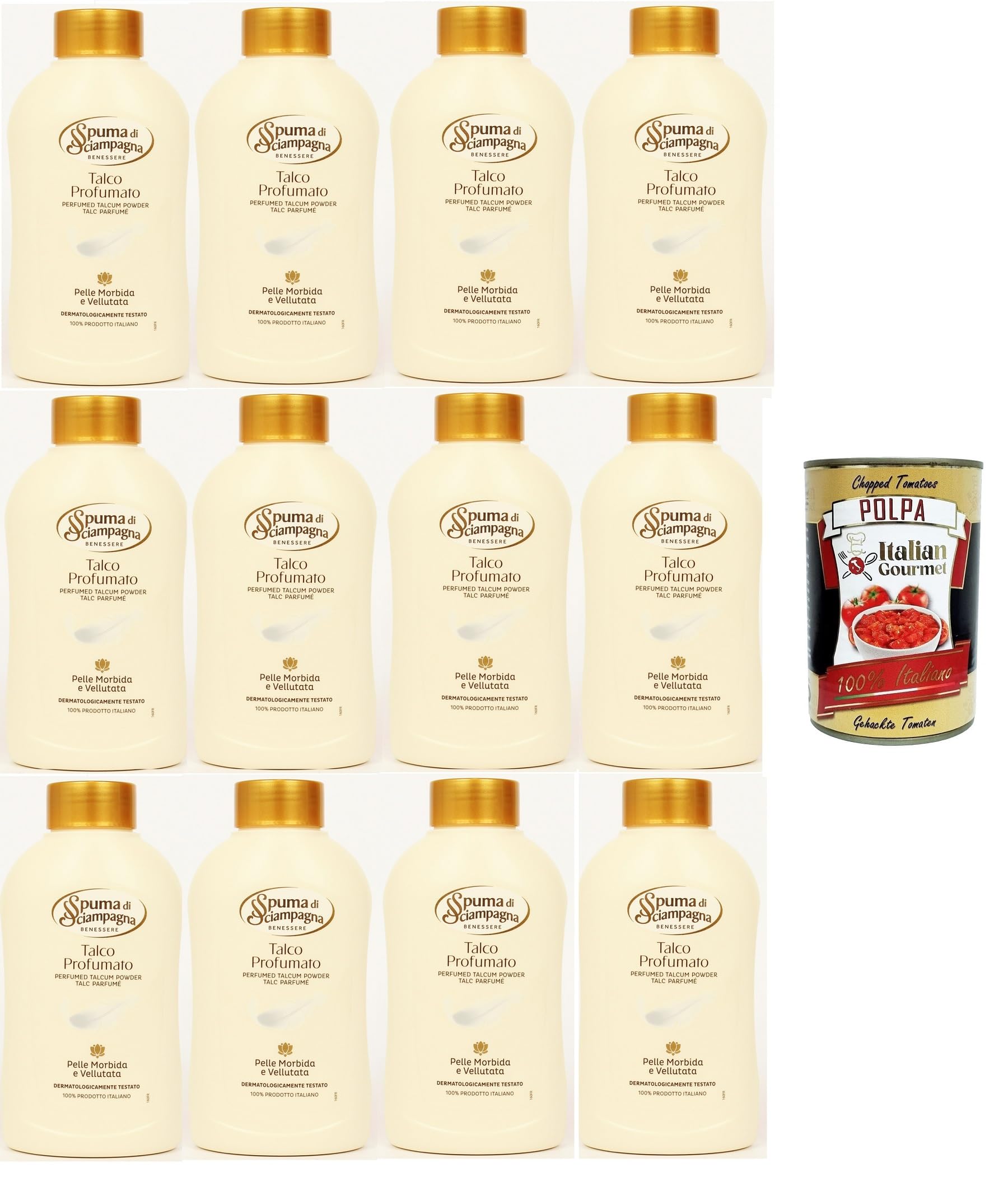 Spuma di Sciampagna Talco Profumato in barattolo Talc parfumé 12 x 200 g + Italian Gourmet Polpa 400 g