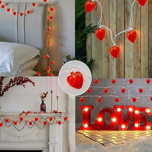 Miniatura 4 de SUNSGNE Guirnalda de luces rojas con forma de corazón, luces de San Valentín, 8.5 pies, enchufables, con 10 luces de corazón rojas para interiores y