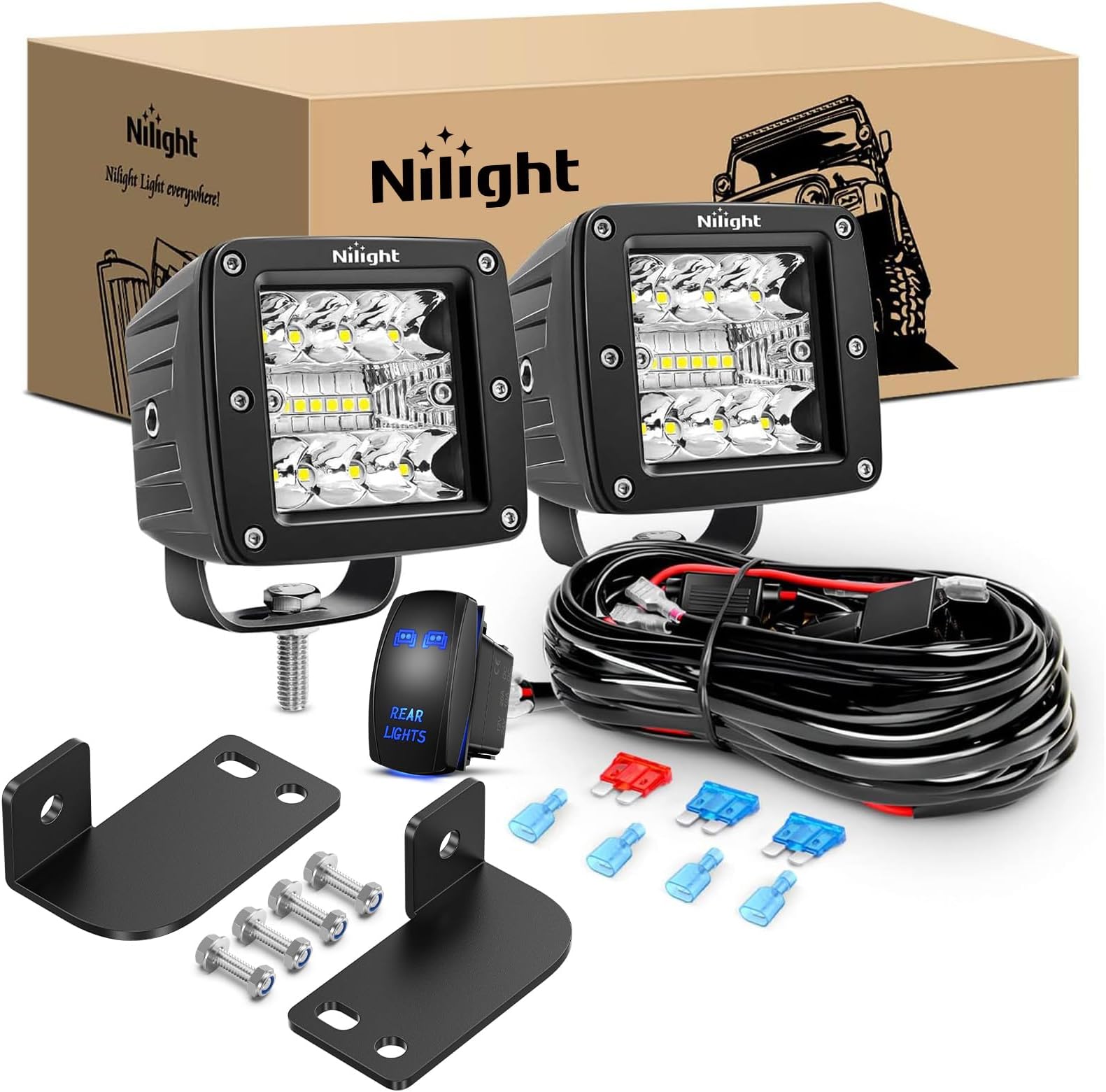 XJMOTO 3 Inch 18W LED Spot Light Cubes W/Rocker Switch Wiring Kit & Rear Roof Pillar Backup Light Bar Mounting Brackets Compatible With Polaris Ranger Full Size 2013-Up
