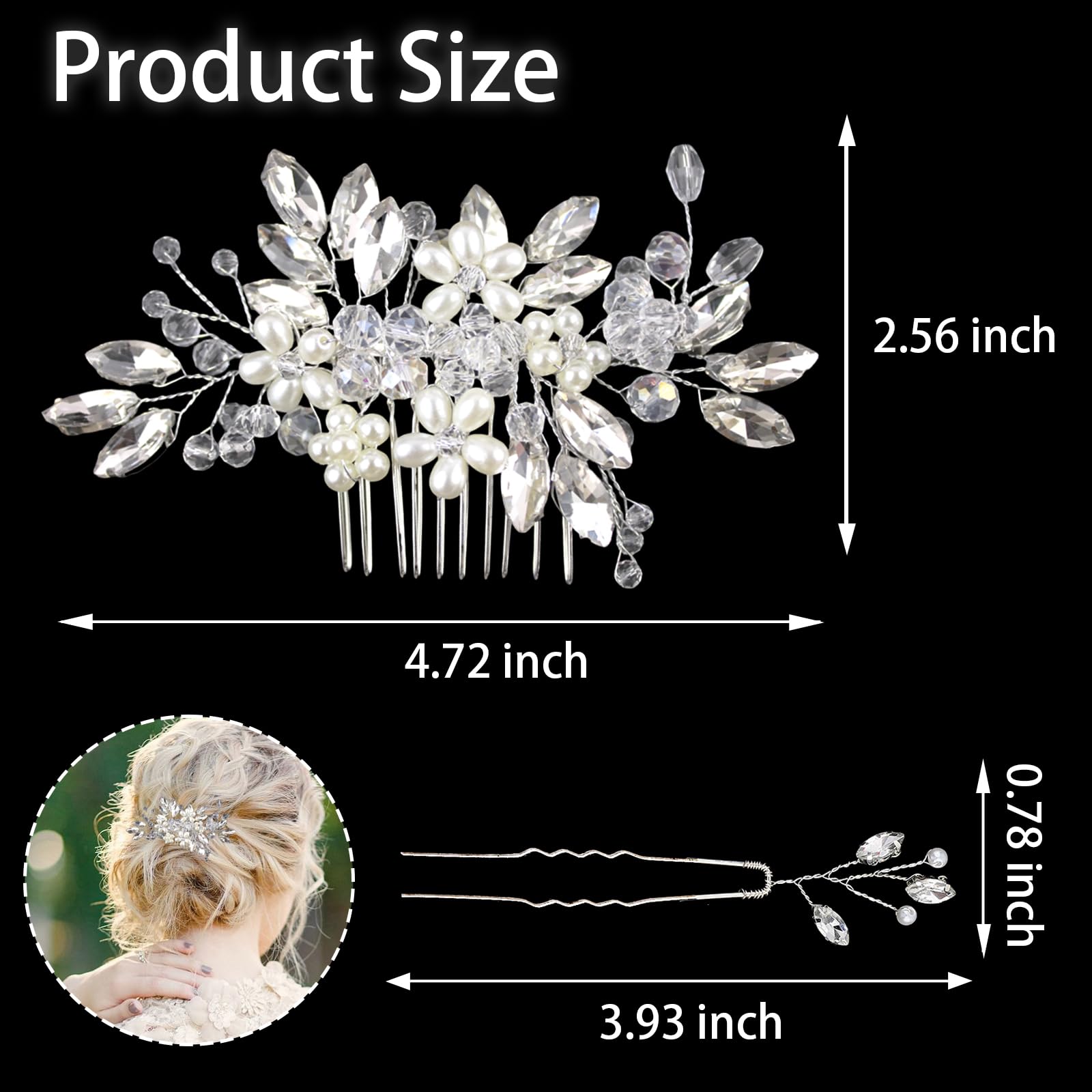 1 pettine per capelli da sposa con perle di cristallo, con 2 forcine per capelli con strass, accessori per capelli per sposa, damigelle d'onore, ragazze con fiori (argento)