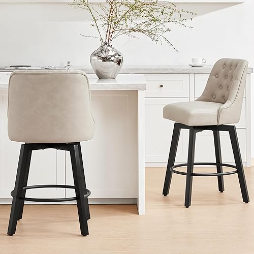 Counter Height Swivel Barstools with Back,26" H Seat Height Upholstered Fabric Bar Stools for Kitchen Island,Set of 2,Beige Leather