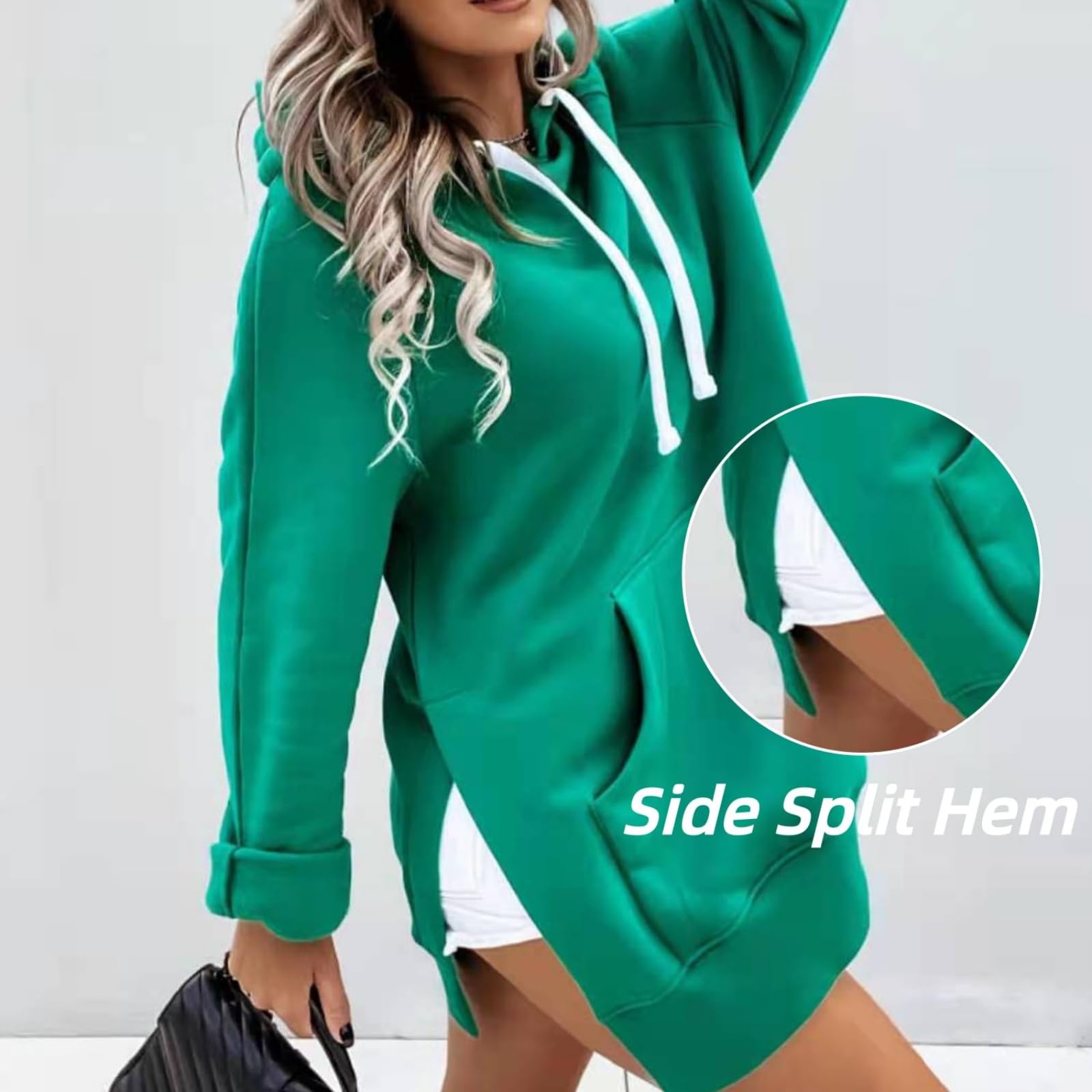 Curvywaves Oversizowa miękka sukienka z kapturem dla kobiet, bluza z długim rękawem, sukienka z rozcięciem na jesień, zimę, modna z kieszeniami