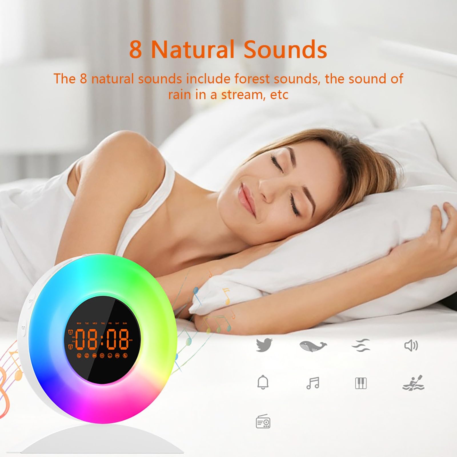 Despertador con Luz De Amanecer, Simulación Suave Del Amanecer y Atenuación Del Atardecer, 8 Sonidos Naturales De Ruido Blanco, Función De Repetición para Relajarse