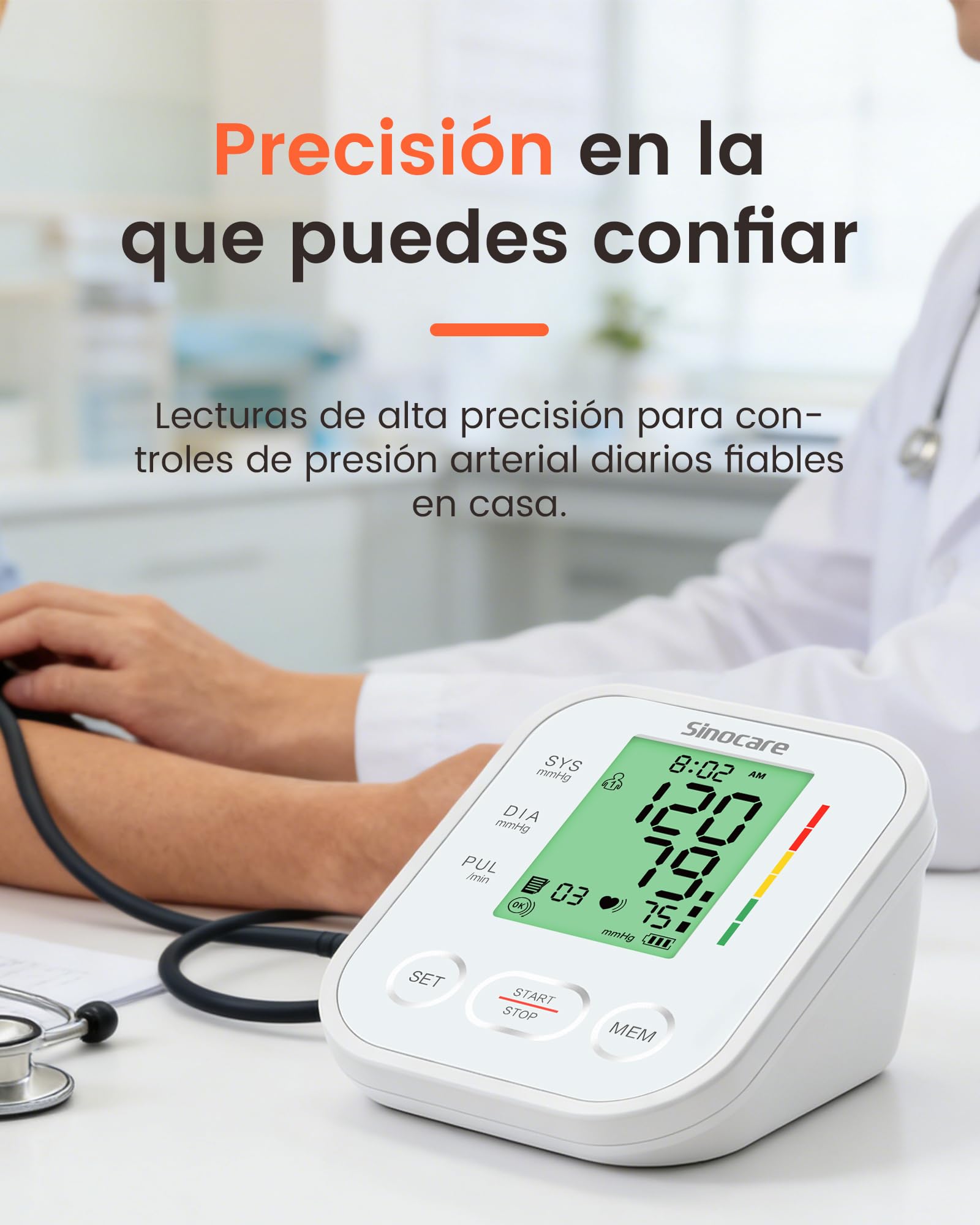 Sinocare Tensiómetro Brazo Auto 22-42cm Arritmia 4 Colores 2x99 Blanco | Tensiómetro Digital Automático de Brazo, Monitor Presión Arterial con Detección Arritmia Irregular