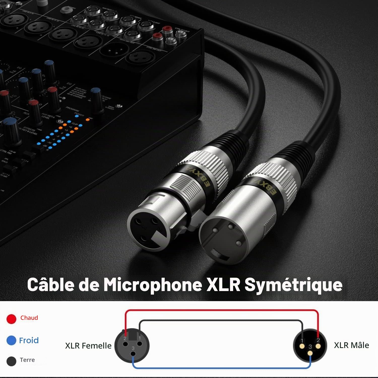 EBXYA - Lot de 4 câbles XLR mâles vers femelles pour système de sonorisation, enregistreur de studio, amplificateur, mixeur - 0,5 m