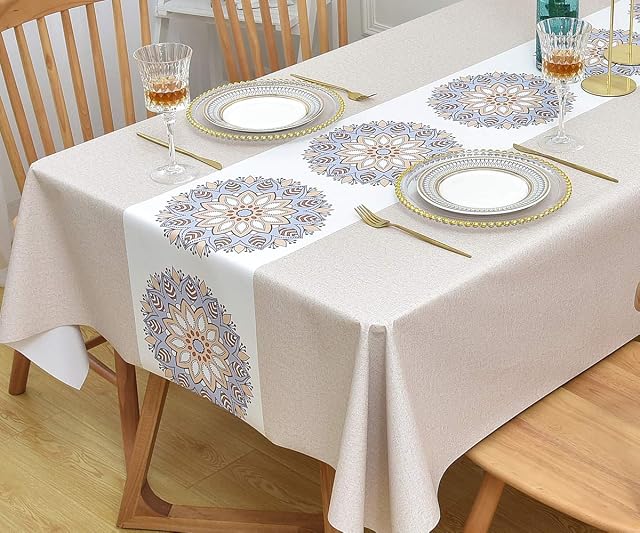 Yofori Table Cloth Wipe Clean Tablecloth Wipeable PVC Waterproof Rectangular Table Cover Plastic Table Protecter for Kitchen Outdoor (137x220cm, Flowers-1)