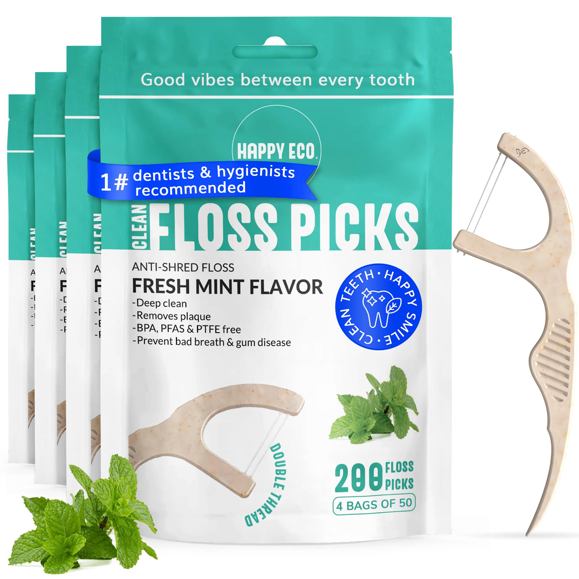Dental Floss Picks (200pcs) - Flossers for Adults, Vegan Corn-Straw Handle, Superior Oral Care & Anti-Shred Thread, Dental Hygiene, Tooth Pick Sticks,