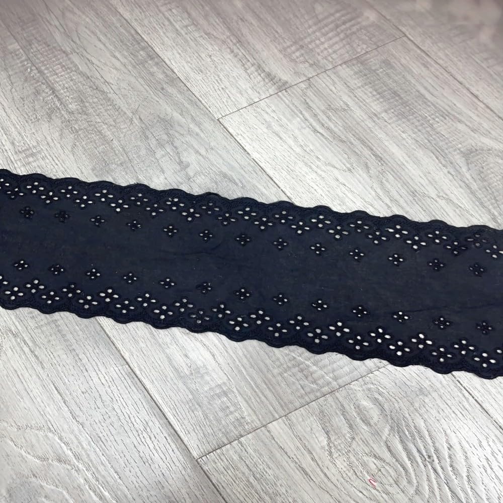 4 Yards 5.5'' Cotton Lace Trim White Lace Fabric Cotton Embroidery Four Eyelet Lace Ribbon Exquisite Wide Embroidery Lace for Sewing Clothing Home Decor DIY Craft (Black)