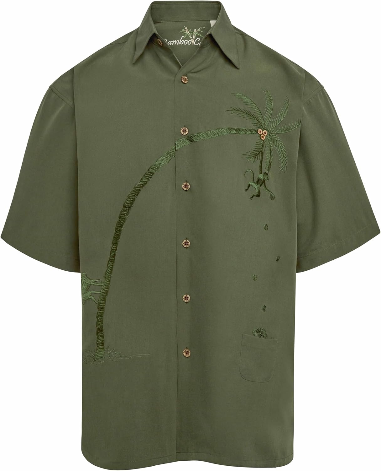 Bamboo Cay Men's Hawaiian Going Coconuts Palm Tree Embroidered Short Sleeve Button Down Shirt with Island Monkeys, Cream