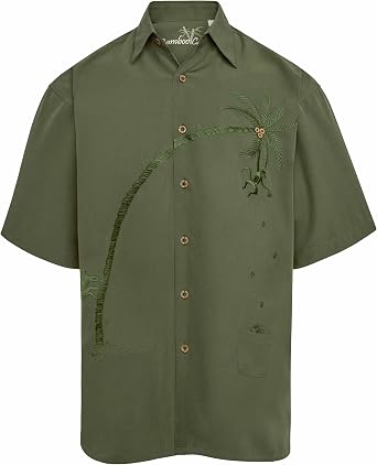 Bamboo Cay Mens Hawaiian Going Coconuts Palm Tree Embroidered Short Sleeve Button Down Shirt with Island Monkeys, Cream