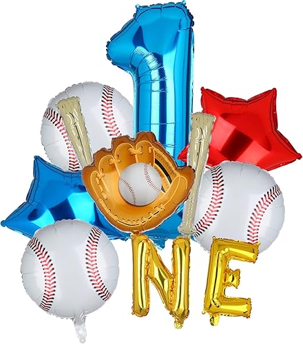 Novato del año 1er cumpleaños decoraciones de béisbol de papel de aluminio número 1 globos azules juego uno dorado primer cumpleaños suministros