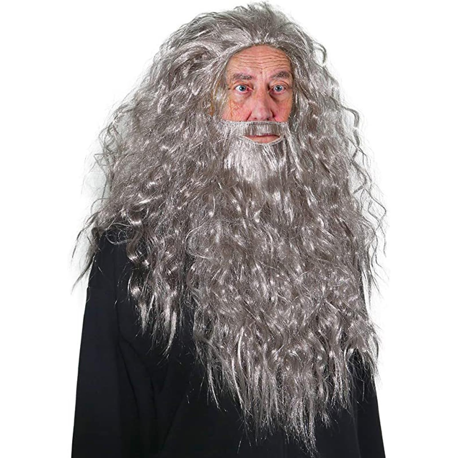 NUMJAW Grey Wizard Wig & Beard Set - Long, Wavy Synthetic Hair - One Size Fits All - Halloween Costume Accessory